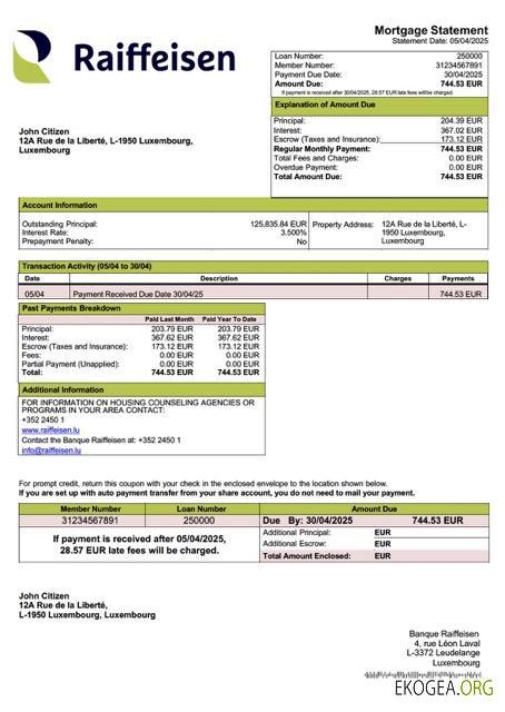 Relevé hypothécaire de la Banque Raiffeisen luxembourgeoise Modèle Word et PDF